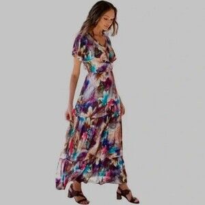 Soft Surroundings Italian Dreams Tiered Maxi Dress Floral Tropical Print Size M